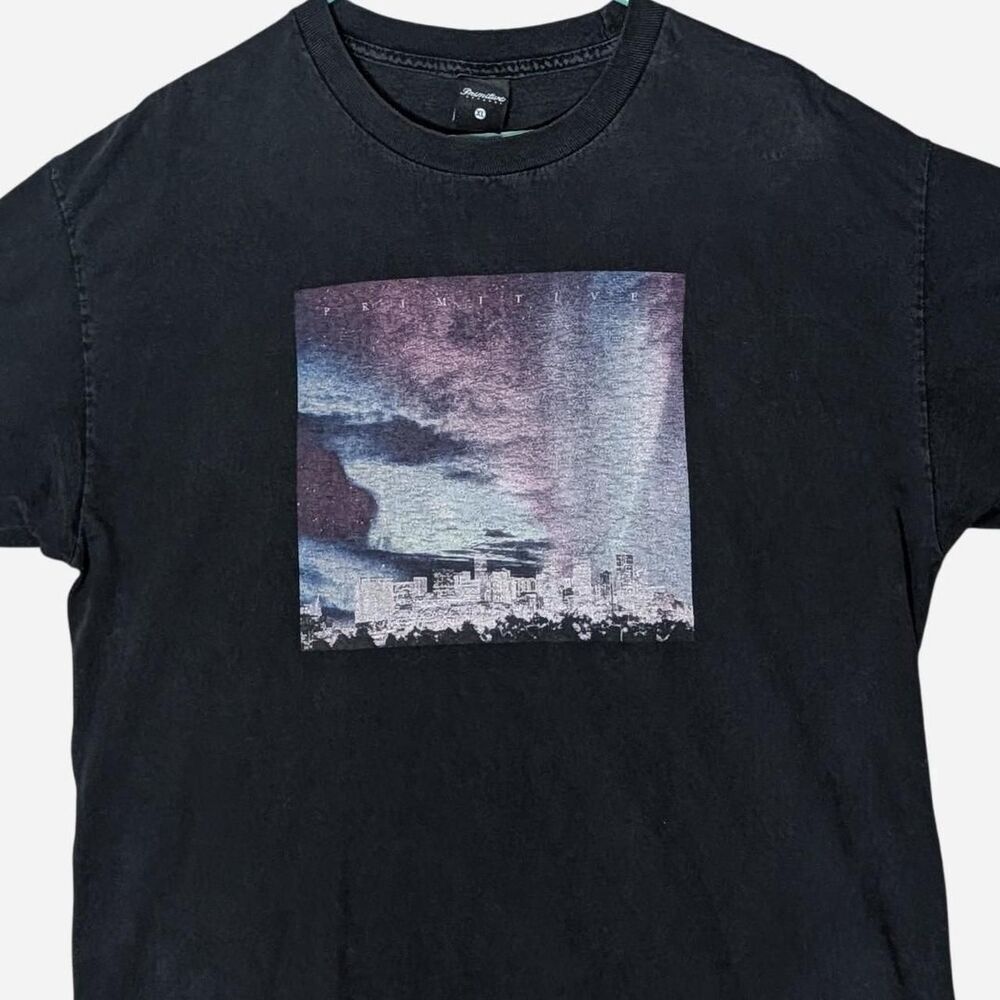 Primitive Apparel Men XL T Shirt Black City Skyline Night Sky Graphic Tee Cotton